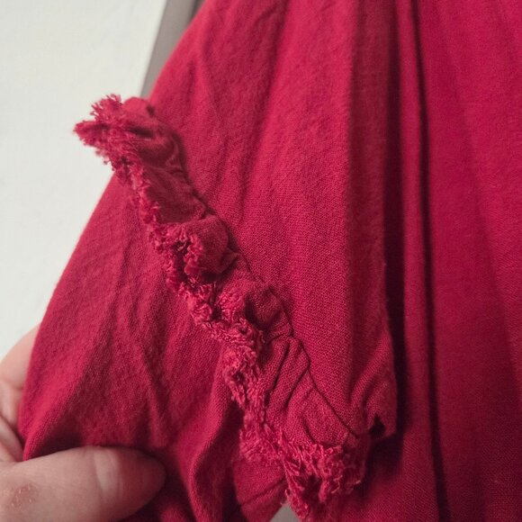 Umgee L Red Linen Blend Top Button-up Tiered Sleeves Ruffle Fringe Tie Waist - Picture 6 of 6